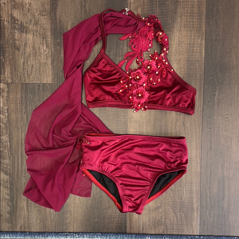 Elegant Red Two-Piece Lyrical Dance costume with Floral Embellishments